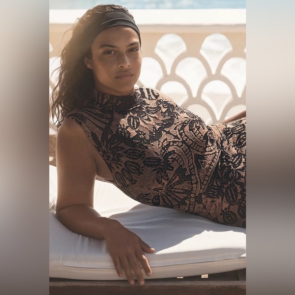 NWT Anthropologie Mock Neck Cap Sleeve Slim Knit Mini Dress in Bronze - Picture 5 of 7